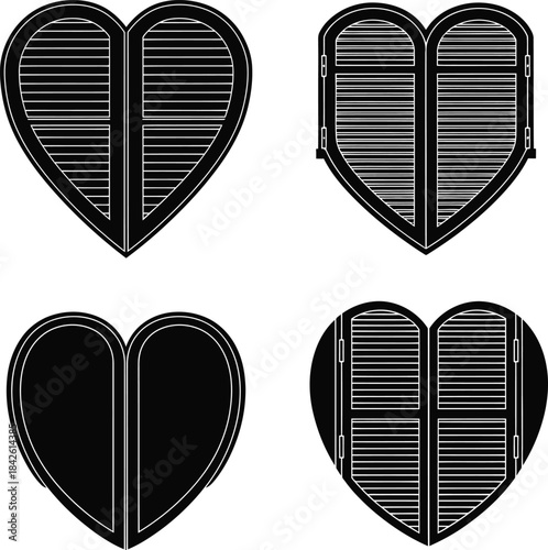 Heart shutter window icon set, romantic louvered heart shapes in black