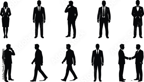 Collection of professional businesspeople silhouettes featuring executives, office workers, walking poses, handshakes, and formal corporate attire, ideal for business presentations