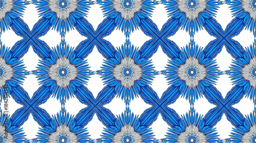 Blue and white tiedye pattern with intricate floral designs isolated on for fashion and textile use globally