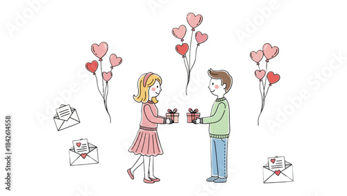 Love's Gift: A charming illustration depicts two figures in a tender exchange, sharing gifts amidst heart-shaped balloons and affectionate letters.