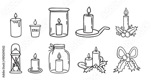 Christmas candles line art clipart set with holly and warm flames, monochrome collection, hand drawn.