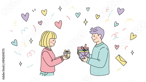 Gift exchange: A tender moment unfolds as two individuals exchange gifts amidst a shower of hearts and sparkles, expressing a gesture of fondness and appreciation.