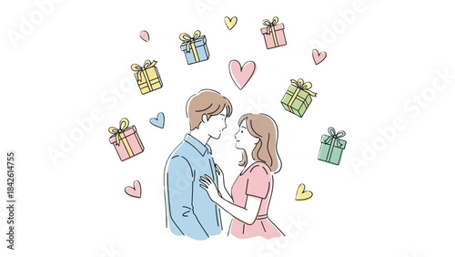 Love's Embrace with Gifts: A tender moment unfolds as a couple stands close, surrounded by symbols of affection, celebrating their bond. Their eyes meet with adoration as gifts float around them.