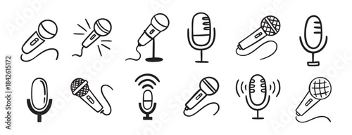 microphone icon doodle hand drawn set. Outline drawing microphone line clipart symbol collection