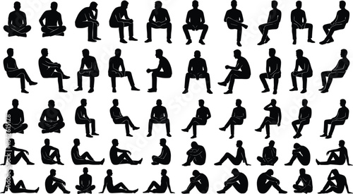 Large collection of seated human silhouettes showing various sitting positions, resting postures and casual poses, ideal for vector design