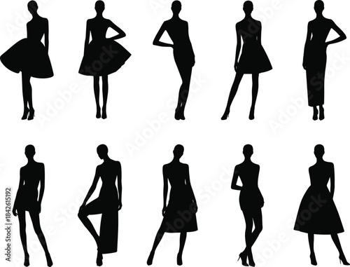 Fashion model silhouettes in various poses, elegant women vector illustration, stylish dress designs, runway fashion pose, modern clothing template elements