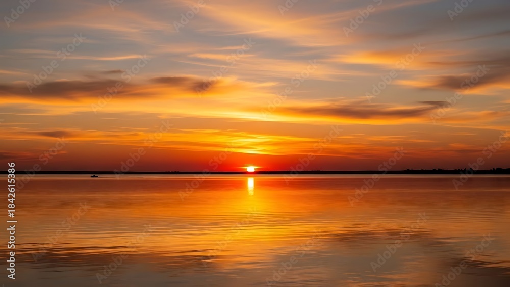 Fototapeta premium Beautiful sunset over the ocean at the beach with orange and blue sky reflecting on calm water