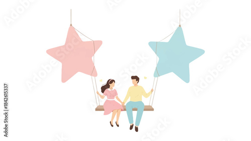 Love's Celestial Swing: A couple in tender embrace, swings gently amidst two star-shaped decorations. The scene captures the essence of romance, illustrating the joy and tranquility of togetherness. 