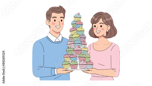Shared Sweetness: A couple joyfully presents a tower of beautifully decorated cupcakes, symbolizing shared celebration and the joy of indulgence.