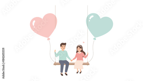 Sweetheart Swing: A charming scene unfolds as a couple, bathed in pastel hues, sits gracefully on a swing, connected by love. A charming image celebrating romance and togetherness. 