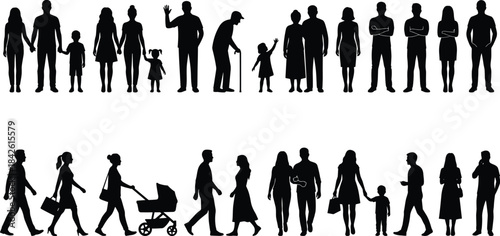 Silhouette people collection, diverse family and community figures, walking couples, parents with children, elderly characters, modern lifestyle poses for design and illustration