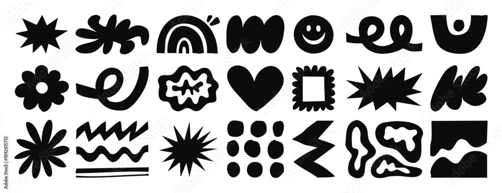 Fototapeta premium Abstract doodle elements with spirals, plants and wavy lines in naive style. Monochrome line art, hand drawn.