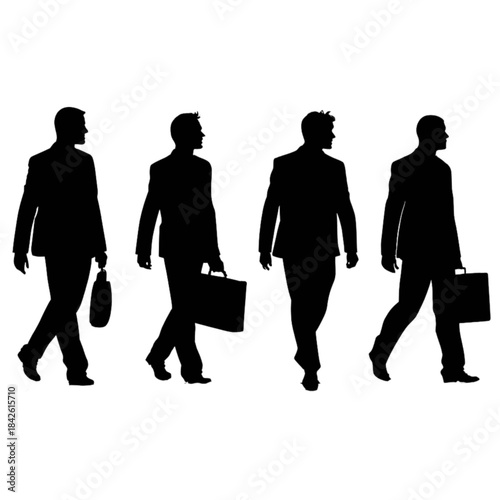 Silhouettes of four businessmen walking with briefcases
