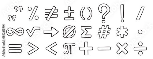 math symbols doodle hand drawn icon set. Outline drawing line clipart symbol collection