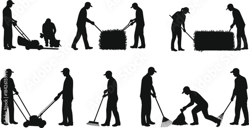 Gardening worker silhouettes, lawn care, landscaping activities, yard maintenance, garden tools, mowing grass, raking leaves, farming labor, outdoor work, vector illustration