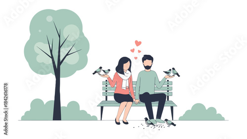 Love in Bloom: A tender moment unfolds as a couple, bathed in the soft glow of affection, sits on a park bench. They're surrounded by the gentle fluttering of birds.