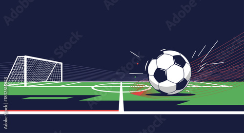 Modern and abstract illustration of a soccer ball on a green field with a goal in the background, perfect for a sports tournament banner.