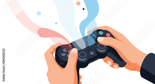 Close-up of hands holding a video game controller with colorful, abstract energy flowing out, representing the magic of immersive gaming.
