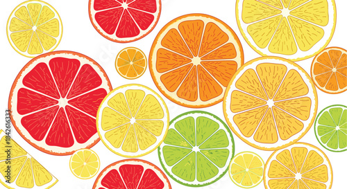 Colorful background pattern of fresh citrus fruit slices, including orange, lemon, lime, and grapefruit, creating a vibrant, juicy texture.