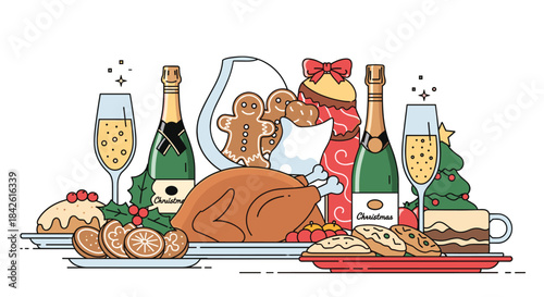 Festive Christmas holiday dinner table illustration with roast turkey, champagne, gingerbread cookies, and other traditional treats.