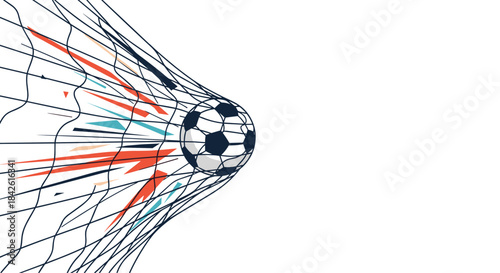 Dynamic close-up of a soccer ball hitting the back of the net with colorful abstract motion trails, illustrating a powerful goal score.
