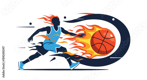 Dynamic illustration of a basketball player dribbling a flaming ball at high speed, representing passion and energy in the sport.