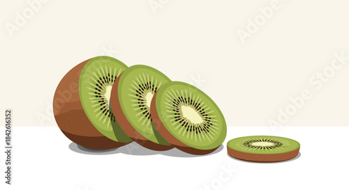 Fresh and healthy kiwi fruit, both whole and sliced to show its green flesh and black seeds, in a simple, clean vector illustration.