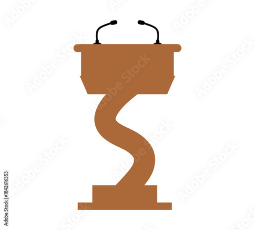 Wooden speech tribune with microphones in back view. Rostrum speech for lecture, debate, press and conference