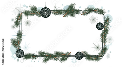 Festive Christmas or winter holiday frame made of pine branches, decorated with sparkling ornaments and snowflakes on a white background.