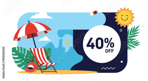 Summer sale promotion banner with a 40% off discount, featuring a relaxing beach scene with a deck chair, umbrella, and a smiling sun.