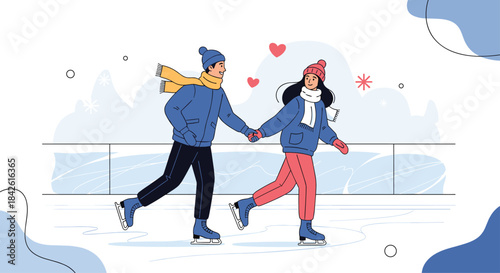 Happy young couple in love wearing warm winter clothes, holding hands and ice skating together on a rink for a romantic date activity.