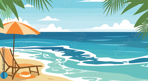 Peaceful tropical beach scene with a lounge chair and umbrella by the sea, offering a perfect, relaxing summer holiday escape.