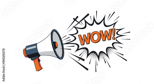 Pop art illustration of a megaphone shouting the word 'WOW!' in a comic book speech bubble, perfect for announcements and promotions.
