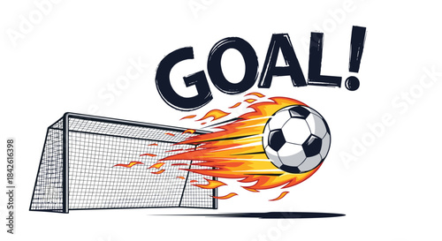 Hand-drawn sketch style illustration of a powerful flaming soccer ball scoring a decisive goal, conveying action and excitement.