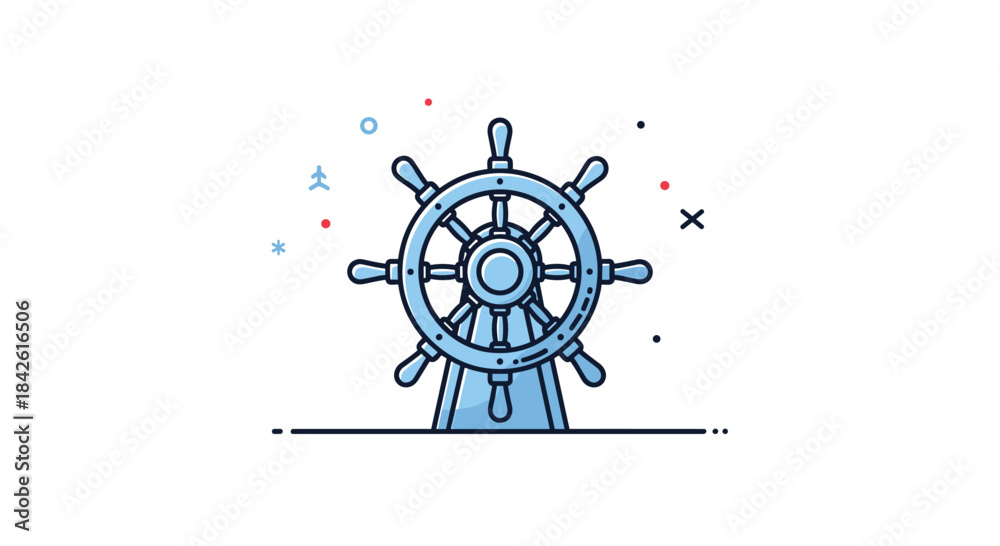 Obraz premium Blue line art icon of a classic wooden ship's helm, symbolizing navigation, leadership, maritime travel, and corporate guidance.