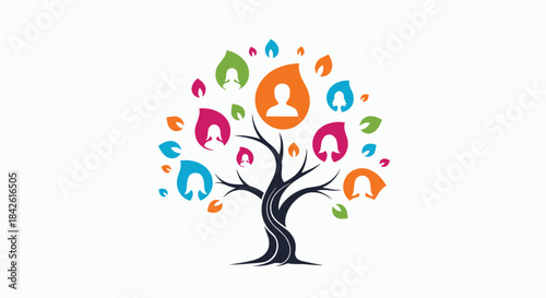 Colorful family tree logo concept with a network of people icons inside leaves, symbolizing genealogy, community, and ancestry.