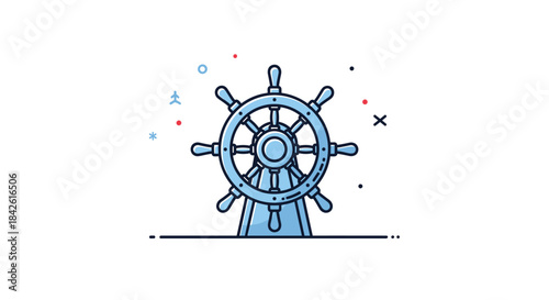 Blue line art icon of a classic wooden ship's helm, symbolizing navigation, leadership, maritime travel, and corporate guidance.