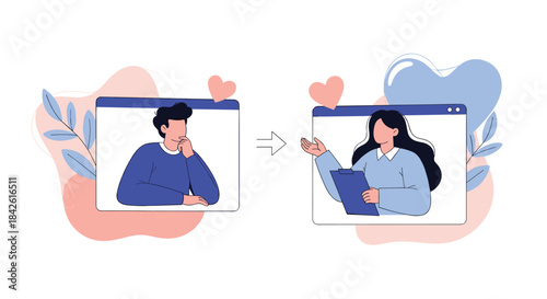 Conceptual illustration of a young man and woman communicating through computer screens, representing virtual relationships and online therapy.