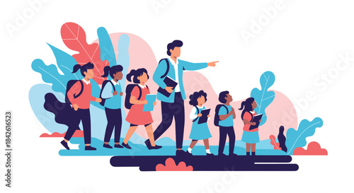 Male teacher guiding a diverse group of elementary school children on a field trip or educational excursion through a leafy background.