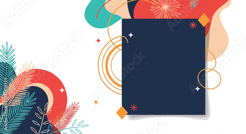 Modern abstract banner background with colorful geometric shapes, tropical leaves, and a central dark square for text placement.