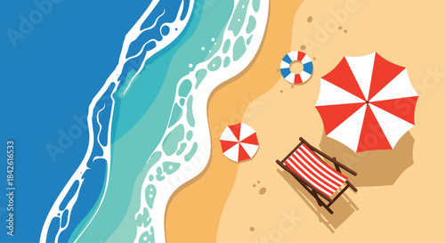 Aerial top-down view of a sunny beach with a lounge chair, a red and white umbrella, and a lifebuoy by the ocean waves.