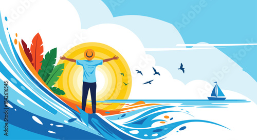 A joyful person with arms outstretched enjoys the sunrise on a vibrant beach with abstract waves, birds, and a sailboat in view.