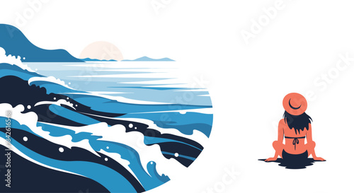 A woman in a sun hat sits on the beach contemplating the powerful ocean waves inside a circular frame with the sunset view.