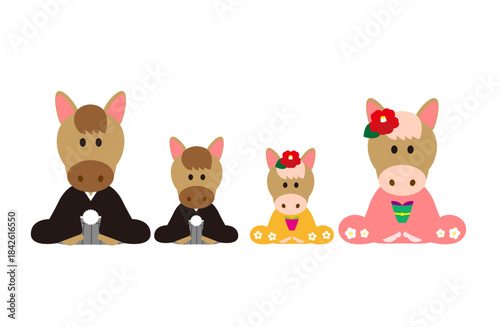 着物を着て挨拶する馬の四人家族の年賀状イラスト