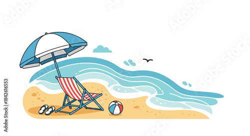 Minimalist line art illustration of a relaxing beach scene with a deck chair, umbrella, flip-flops, and a ball by the sea.