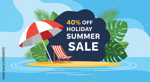Holiday summer sale banner offering 40 percent off, featuring a beach chair and umbrella on a small island with tropical leaves.