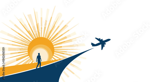 Conceptual illustration of a person's journey toward a bright sun, with an airplane taking off, symbolizing travel and future opportunity.
