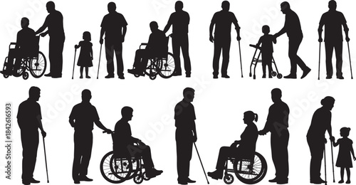 Inclusive silhouette scene, mobility aid users, caregiving moments, diverse people interaction, wheelchair support, child assistance, accessibility, compassion, vector figures, black on white
