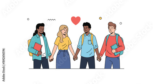 Illustration of two diverse couples of students holding hands together, symbolizing love, modern relationships, and inclusivity.