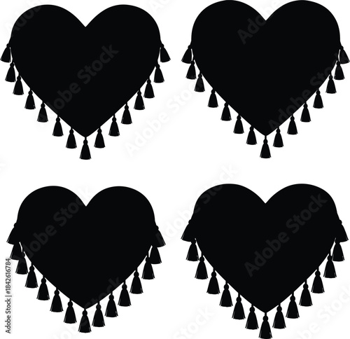 Heart with tassel fringe silhouette set, decorative pendant hearts in black on white